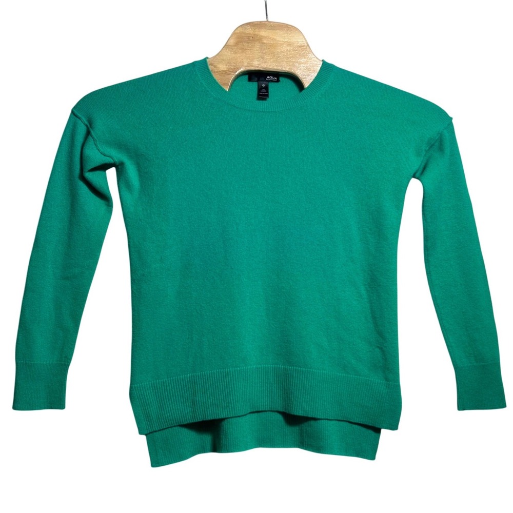 Aqua Cashmere Emerald Kelly Green Crewneck Sweater High Low Hem Size Small